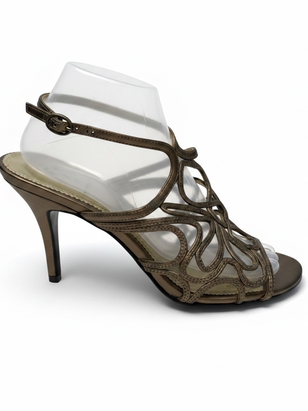 Strappy Open-Toe Dress Heel in Metallic Bronze size 8